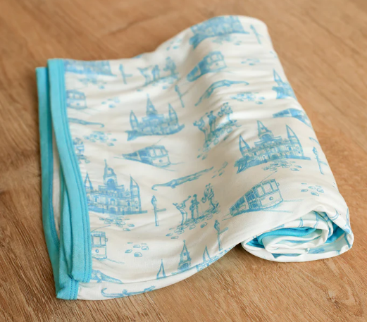 NOLA Toile Bamboo Swaddle Blanket: Blue