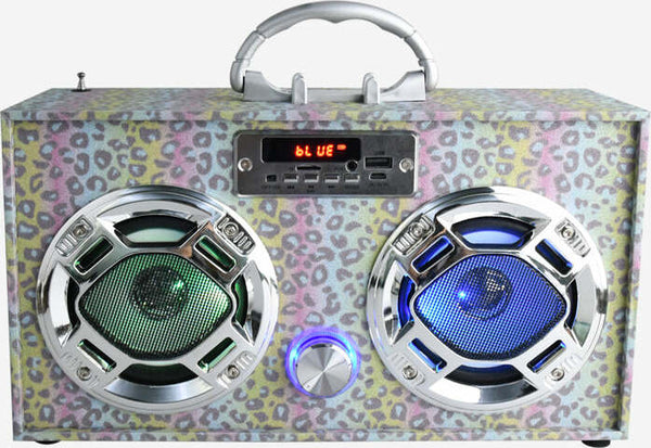 Bluetooth FM Radio W LED Speakers Leopard Glitter Boombox