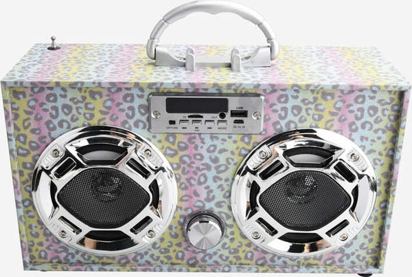 Bluetooth FM Radio W LED Speakers Leopard Glitter Boombox